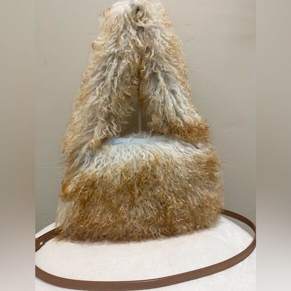 2 Tone Real Mongolian Lamb Fur Handmade Shoulder Bag, Real Shearling Crossbody - Picture 7 of 16